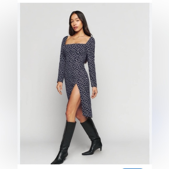 Reformation Dresses & Skirts - Reformation Peyton Dress Navy Polka Dot Midi Long Sleeve Square Neck Side Slit 4